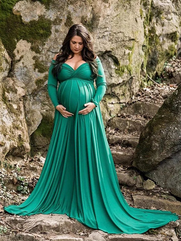 Maternity Off Shoulder Long Sleeve Long Dresses - Divawearfashion