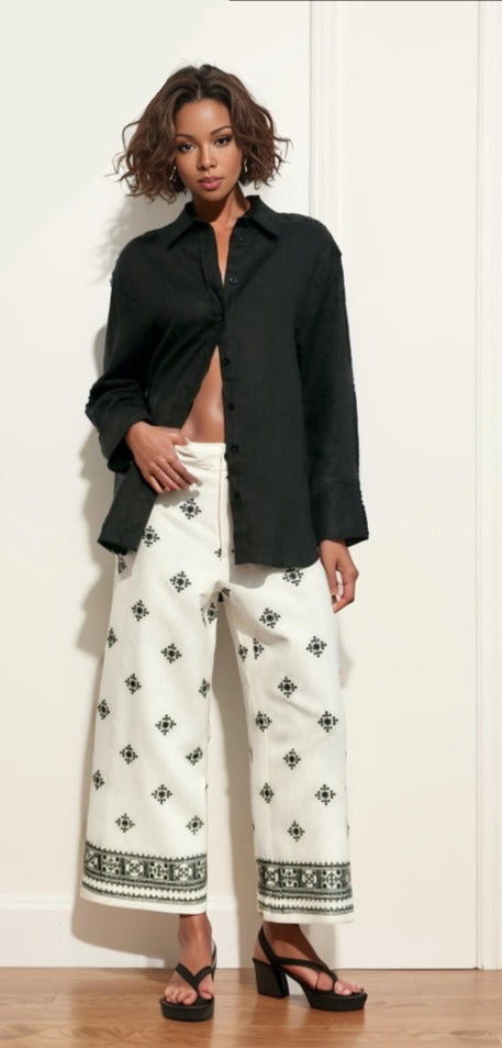 Versatile Contrast Color Embroidered Linen High-Waisted Trousers 