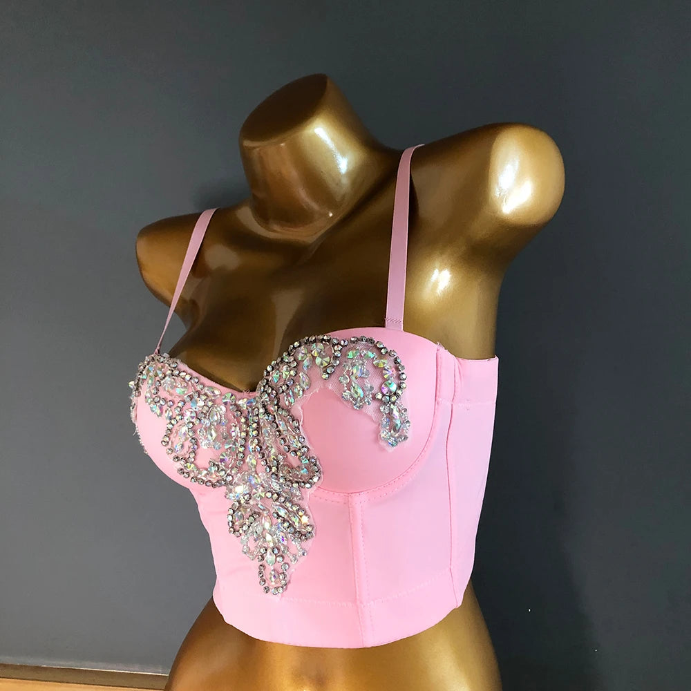 Pink High End Rhinestones Embroidery Luxury Crop Bustier Corset - Divawearfashion