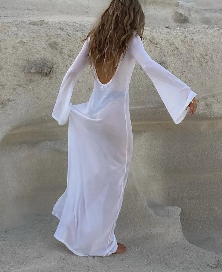 Maxi Long Sleeve Backless See Through Mesh Beach Wear Dress - Divawearfashion