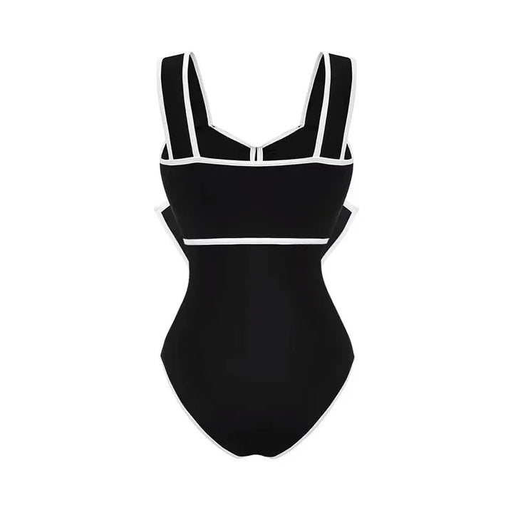 Bow Tie Black & White Retro One Piece Swimsuit with Skirt - Divawearfashion