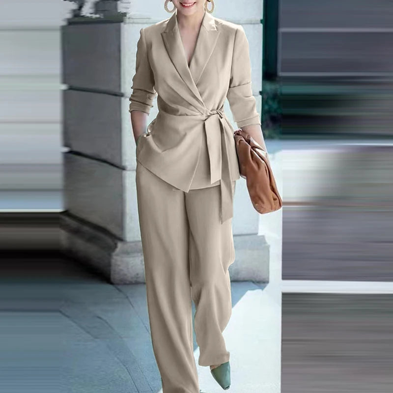 2 PCS Solid Blazer & Wide Leg Pant Set