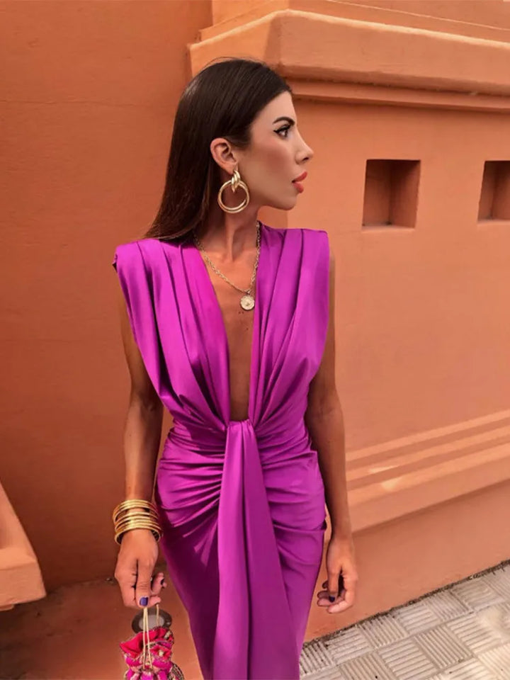 SEXY DEEP V NECK SLEEVELESS SPLIT DRESS