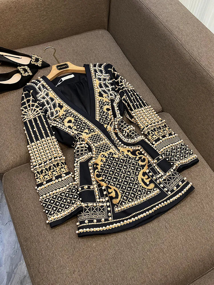Luxury Beads Coat Retro Printed V-Neckline Blazer Dress - Divawearfashion