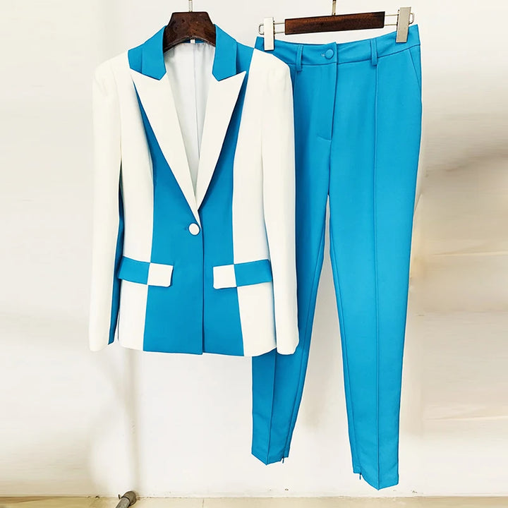 Color Block Blazer with Flare Pant Set - Divawearfashion