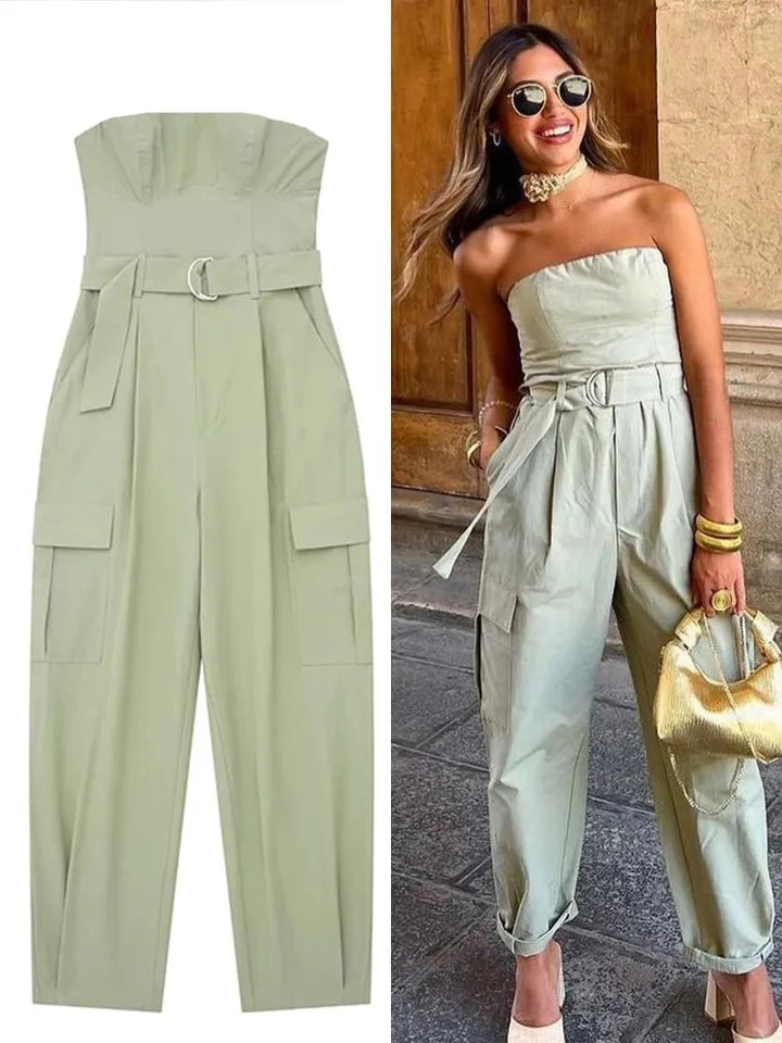 Strapless Cargo Style Jumpsuit With Belt - Divawearfashion