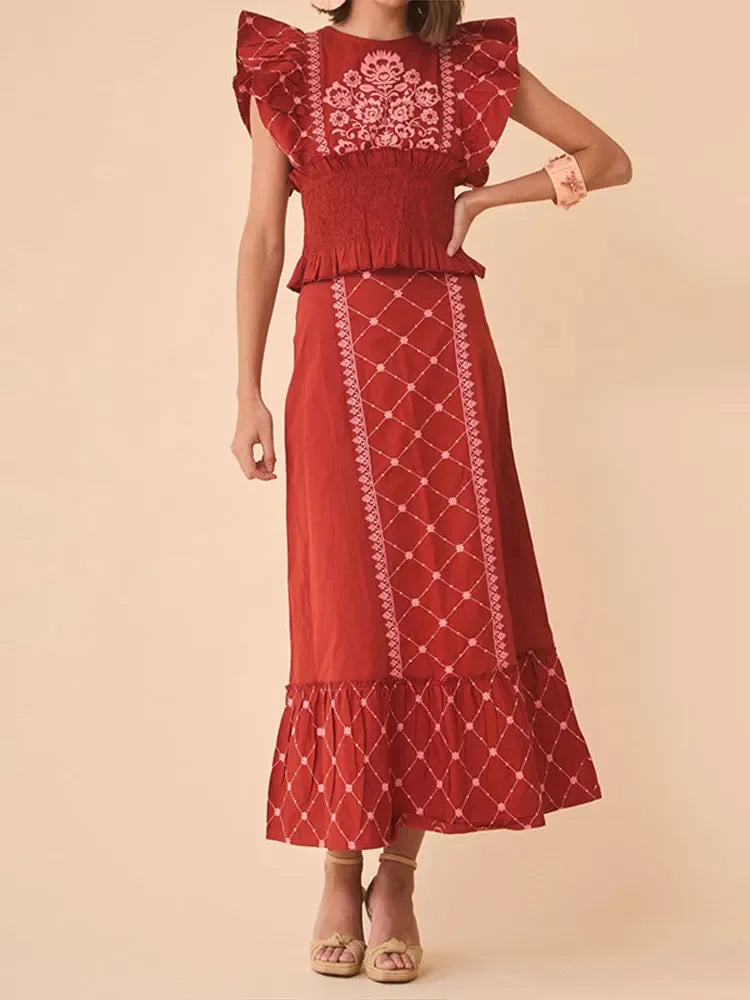 Elegant Flying Sleeve Printed Top and long skirt 2 Piece Sets 
