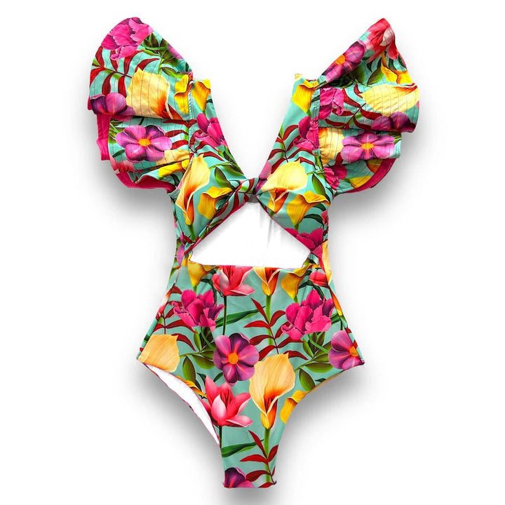 Shoulder Ruffle Tie Die Solid One Piece Swimsuit - Divawearfashion