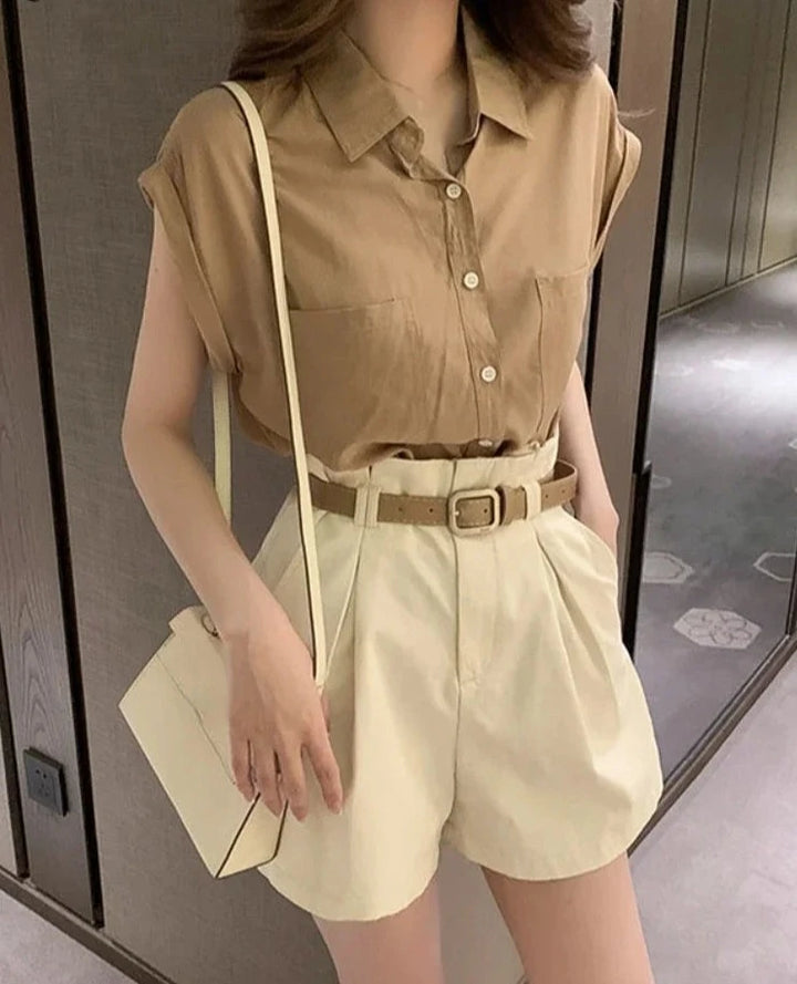 2 PC Loose Sleeveless French Shirt with Wide Leg Shorts - Divawearfashion