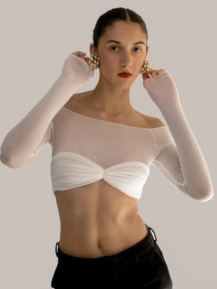 See Through Mesh Off-Shoulder Crop Top - Divawearfashion