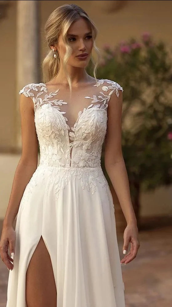 Lace/Chiffon O-Neck Illusion Back Side Split Applique Bridal Gown - Divawearfashion