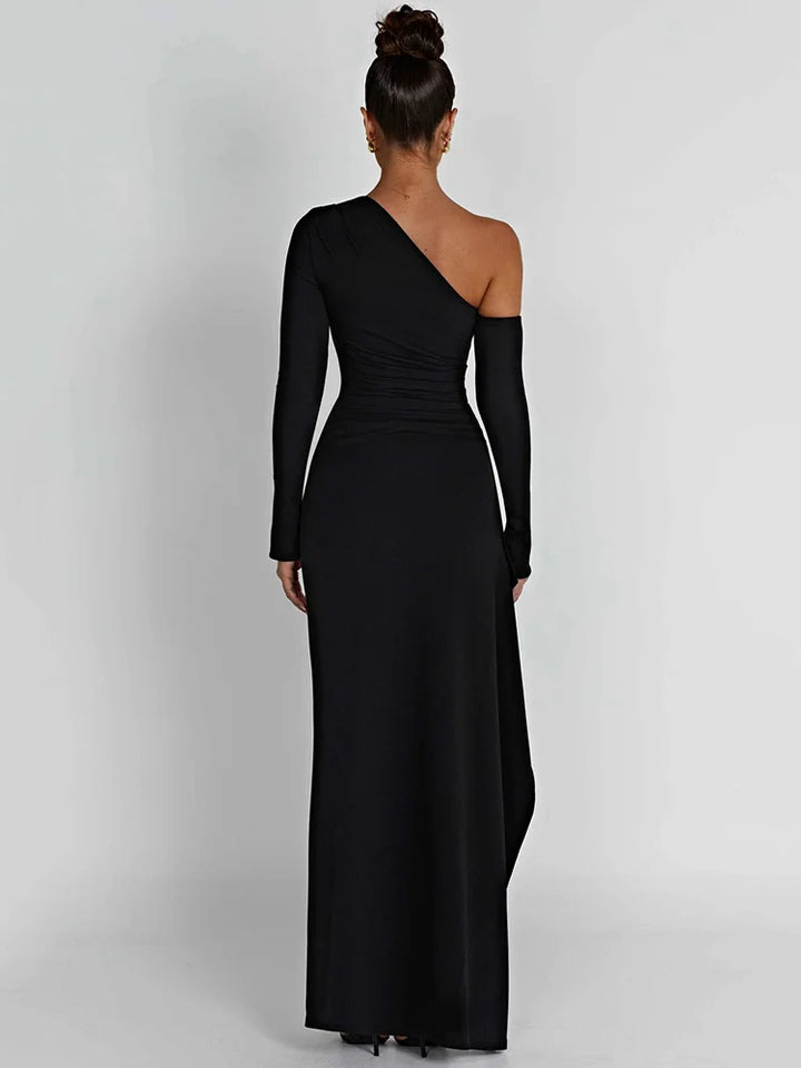 Oblique Shoulder Thigh High Split Maxi Bodycon Dress - Divawearfashion