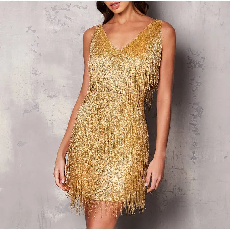 Spaghetti Strap Sequins Feather Mini Dress - Divawearfashion