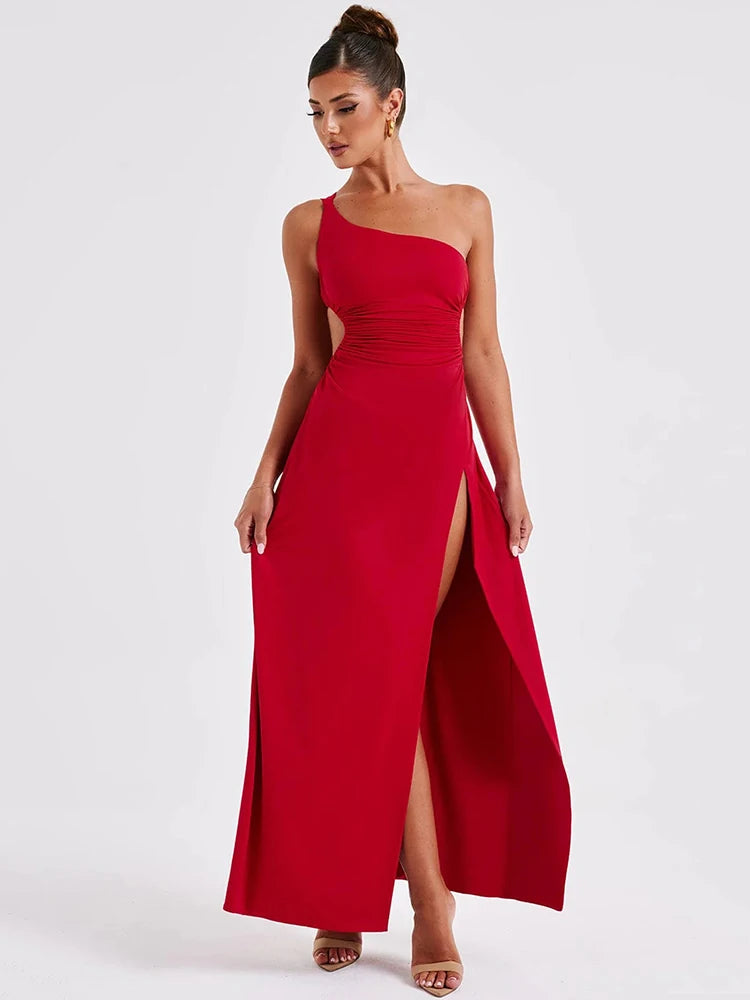 One Shoulder Diagonal Collar High Split Maxi Dress 