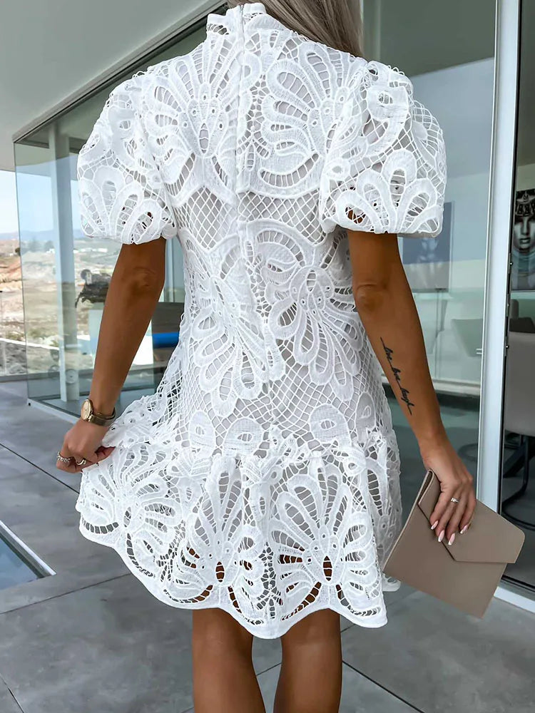White Lace Dress Women Summer Sexy Hollow Out Embroidered Mini Dresses Female Vintage Elegant Fashion Puff Sleeve Short Dresses - Divawearfashion