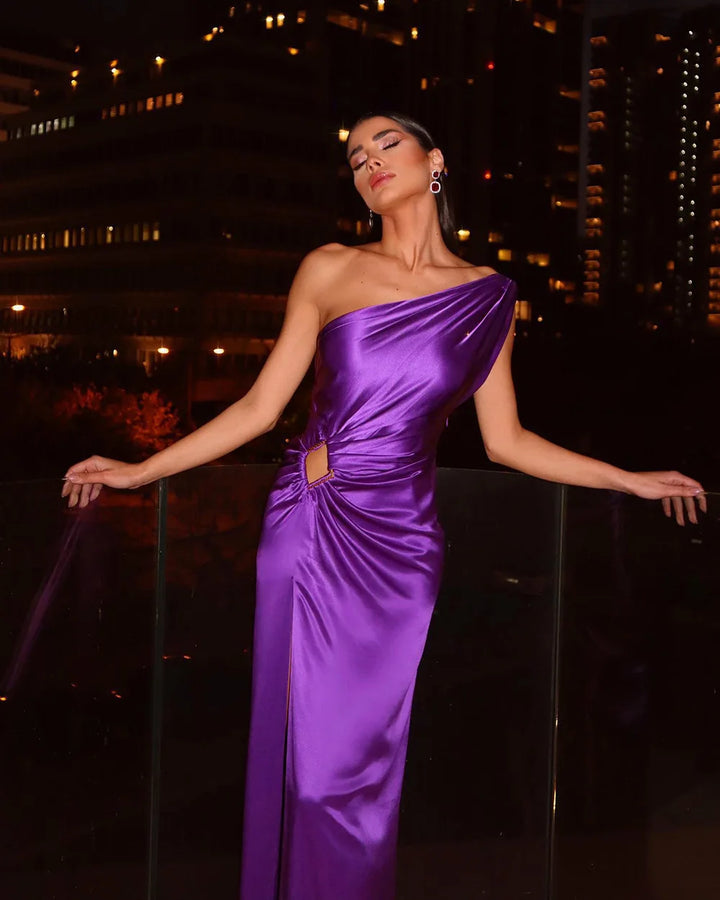Purple One Shoulder Draped Sequin Cutout High Slit Long Dress
