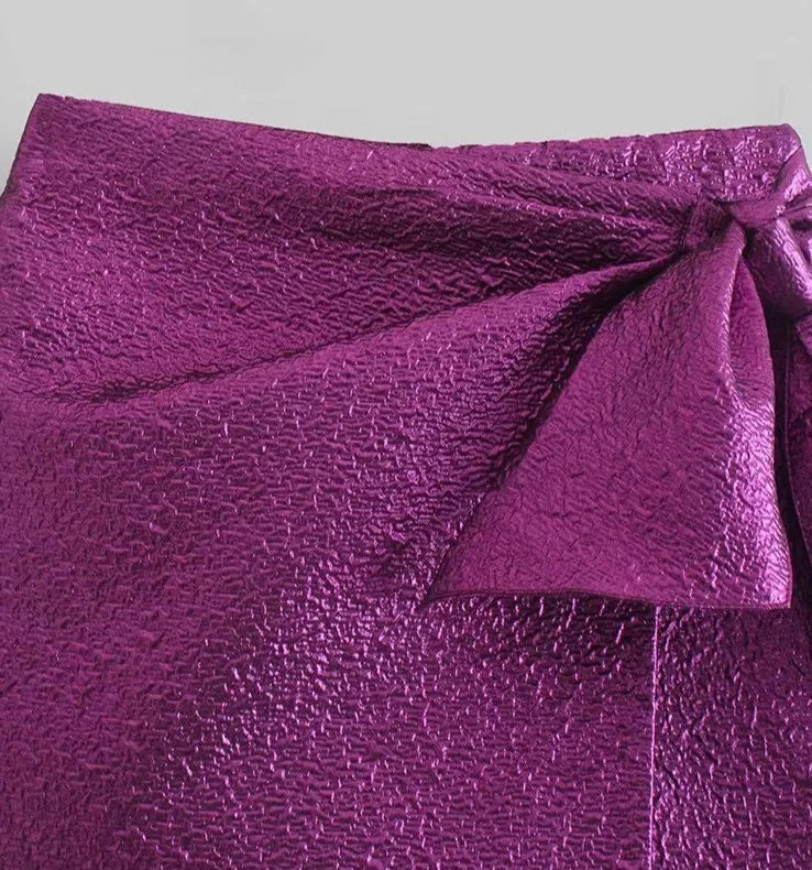 Textured Skort with Bow Knot High-waisted Invisible Side Zipper - Divawearfashion