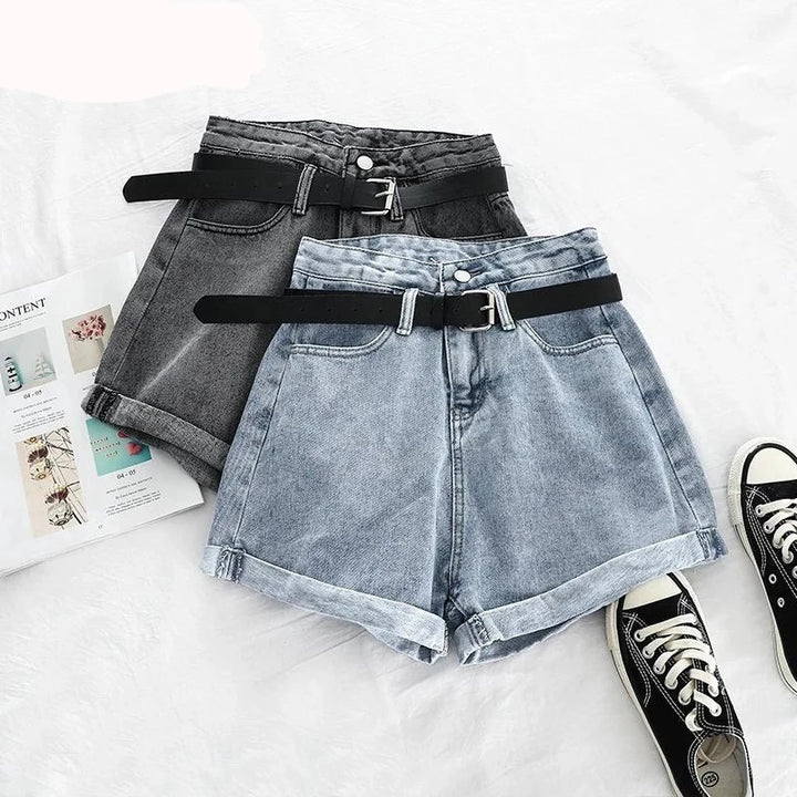 Blue & Black High Waist Casual Loose Streetwear Denim Shorts - Divawearfashion