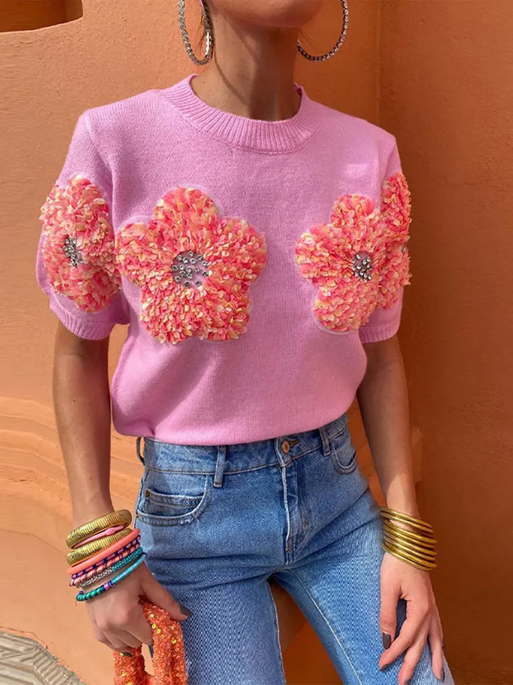 3D Flower Knitted Short Sleeve Sweater - Divawearfashion