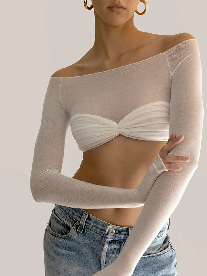 See Through Mesh Off-Shoulder Crop Top - Divawearfashion