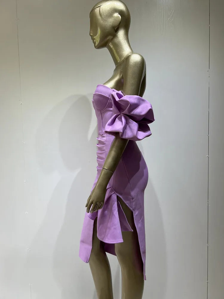 Sexy Off Shoulder Short Sleeve Purple Midi Bodycon Dress - Divawearfashion