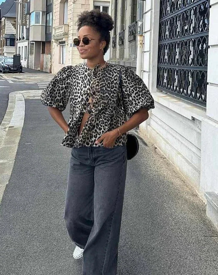Leopard Print Lace Up Puff Short Sleeve Hollow Out Blouse - Divawearfashion