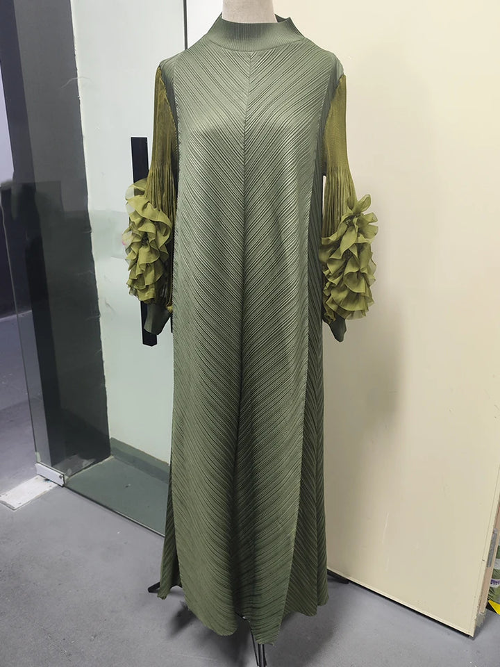 Round Neck Spliced Full Sleeve Maxi Dress - Divawearfashion