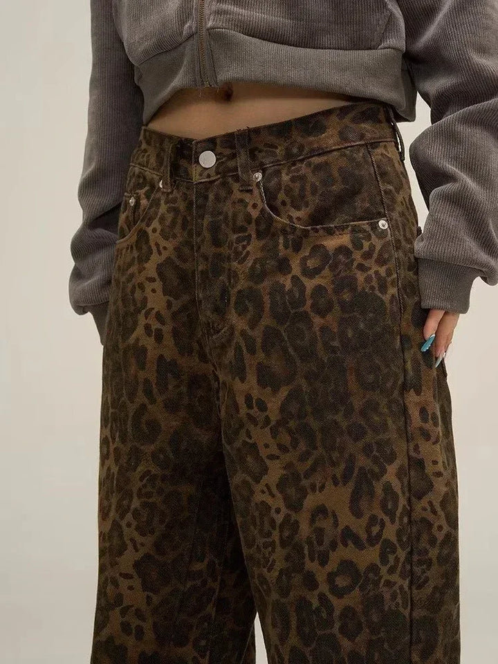 Tan Leopard Oversize Wide Leg Jeans - Divawearfashion