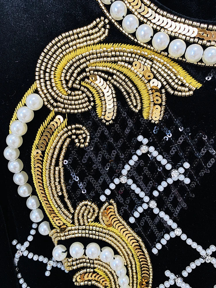 Long Sleeve Sequined Pearls Beaded Velvet Dress - Divawearfashion