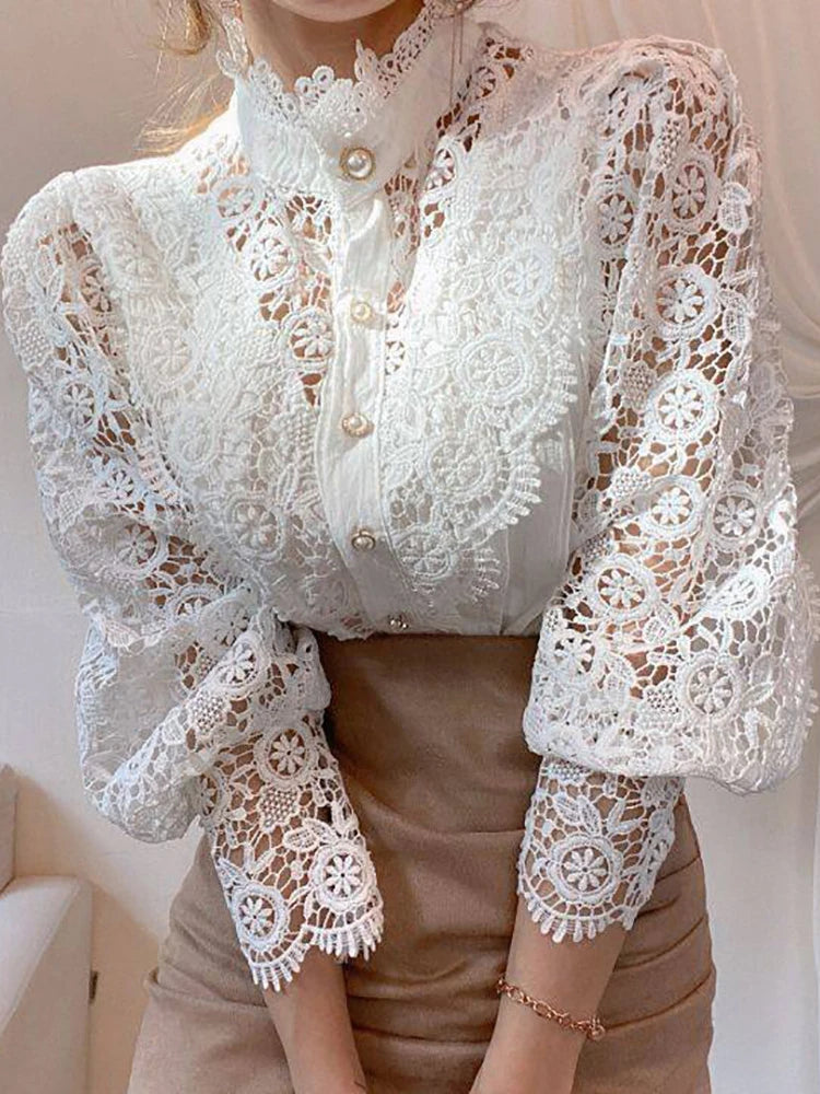 Chiffon Button Up Turtleneck Lace Shirt - Divawearfashion