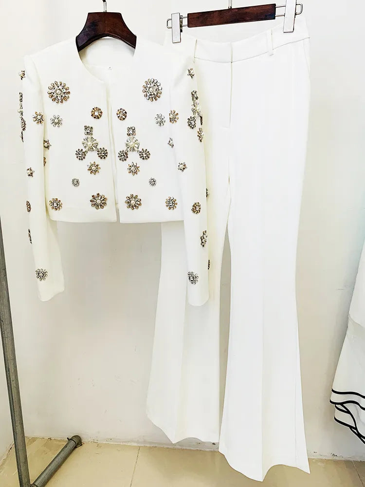 Pearls Diamonds Rhinestone Beaded Trimmed Jacket with Flare Slit Pants Suit - Divawearfashion