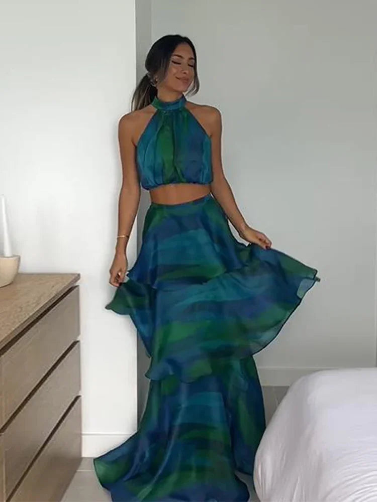 Printed Halter Crop Top & Ruffles Half Skirt Set  - Divawearfashion