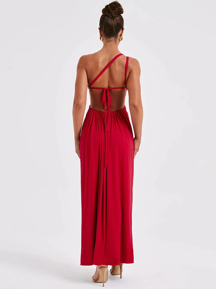 One Shoulder Diagonal Collar High Split Maxi Dress 