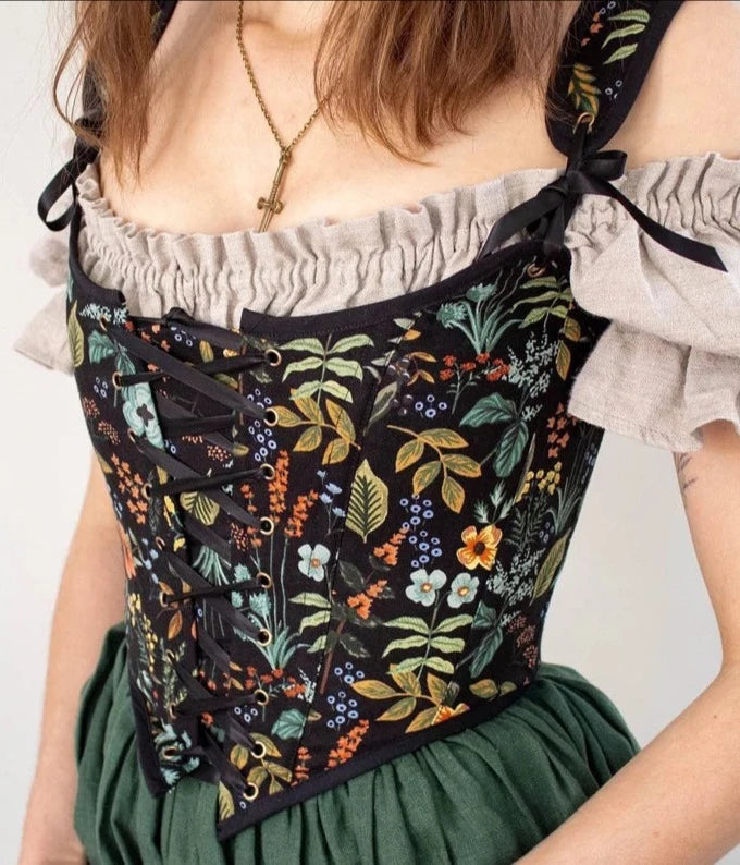 Floral Print Vintage Corset Lace Up Bustier Corset - Divawearfashion