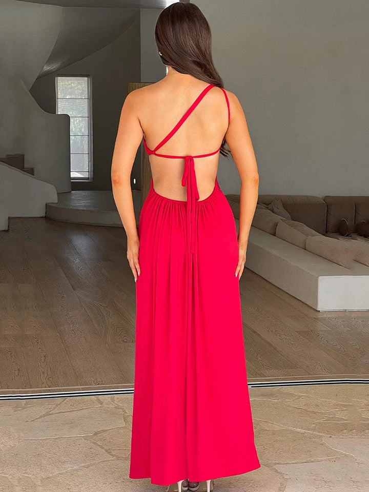 One Shoulder Diagonal Collar High Split Maxi Dress 