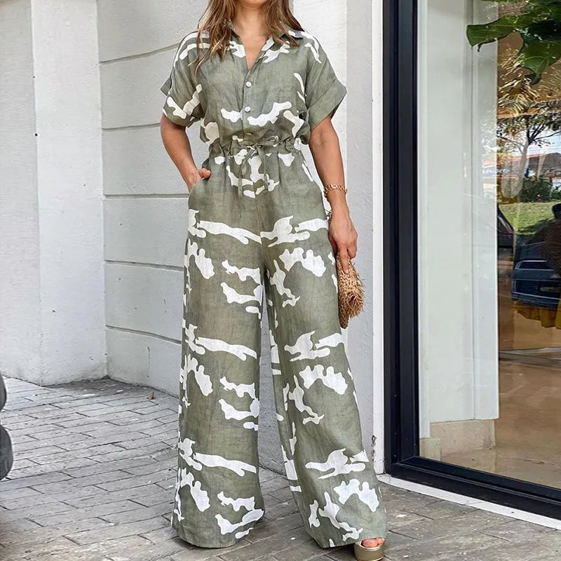 Camouflage Print Drawstring Lace-up Jumpsuit  - Divawearfashion