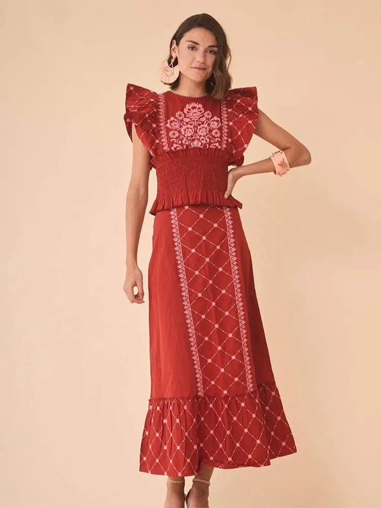 Elegant Flying Sleeve Printed Top and long skirt 2 Piece Sets 
