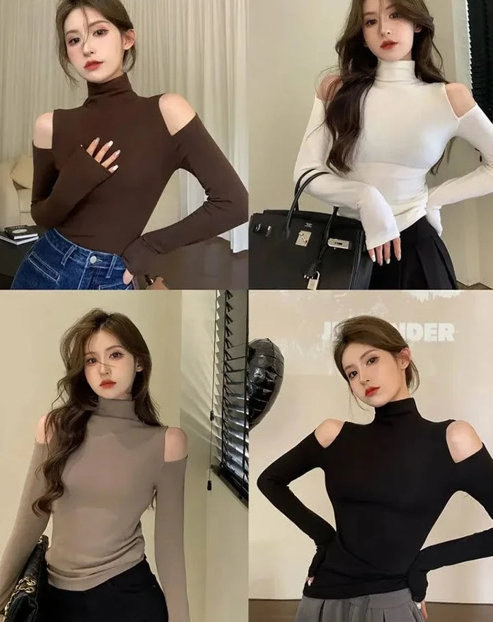 Turtleneck Off Shoulder Hollow-Out Long Sleeve T-Shirt - Divawearfashion