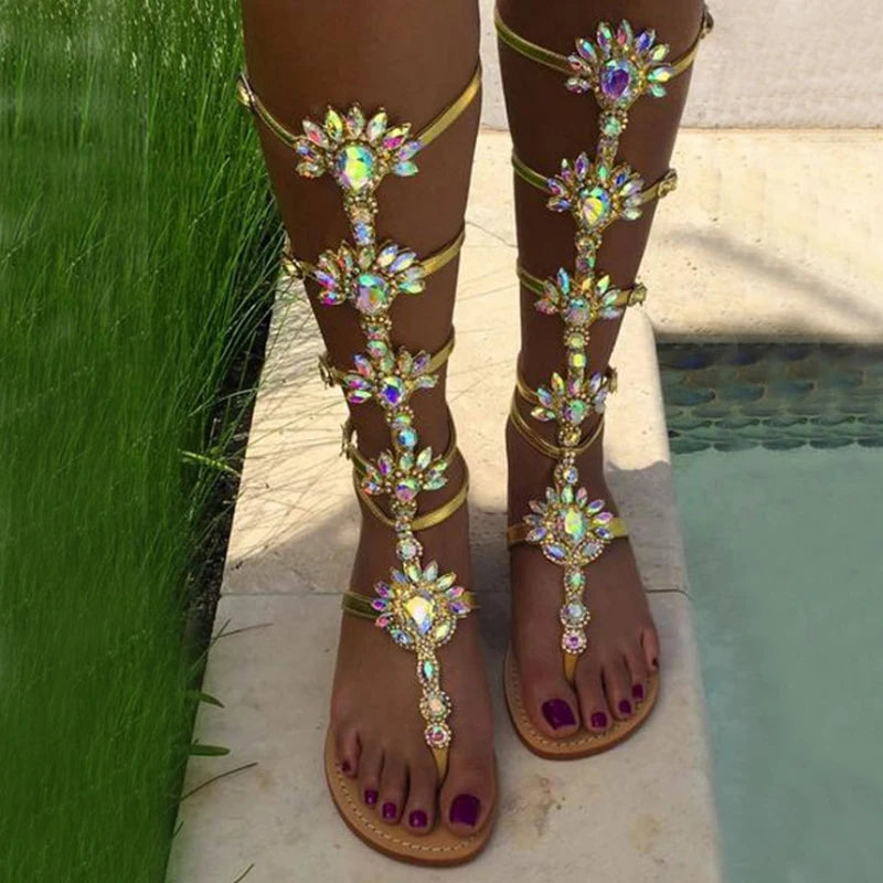 Woman Bohemia Sandal Boots Rhinestone Lady Knee High Boots Thin High Heels Stiletto Crystal Dress Summer Shoes Sandalias - Divawearfashion