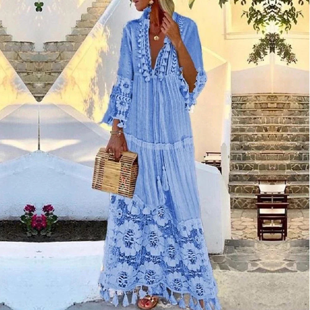 Tassel Sexy V-Neck Boho Long Dress - Divawearfashion