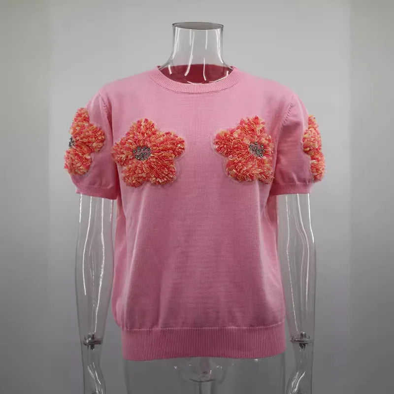 3D Flower Knitted Short Sleeve Sweater - Divawearfashion