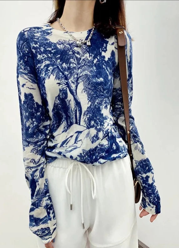 O-Neck Skinny Elegant Women's Floral Elasticity Blouse