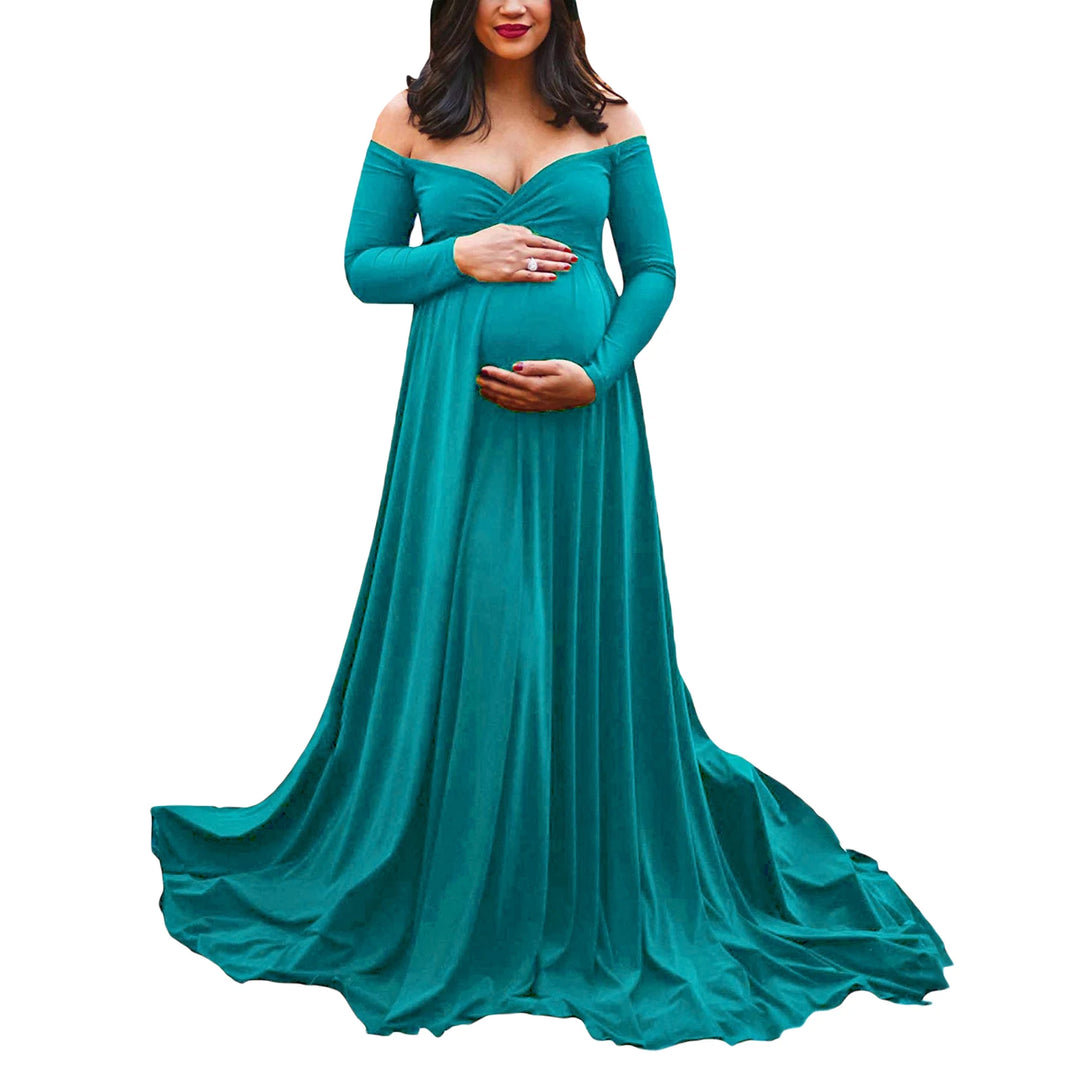 Maternity Off Shoulder Long Sleeve Long Dresses - Divawearfashion