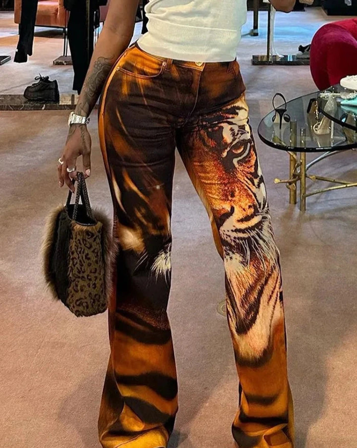 Tiger Print Flare High Waist Pants - Divawearfashion