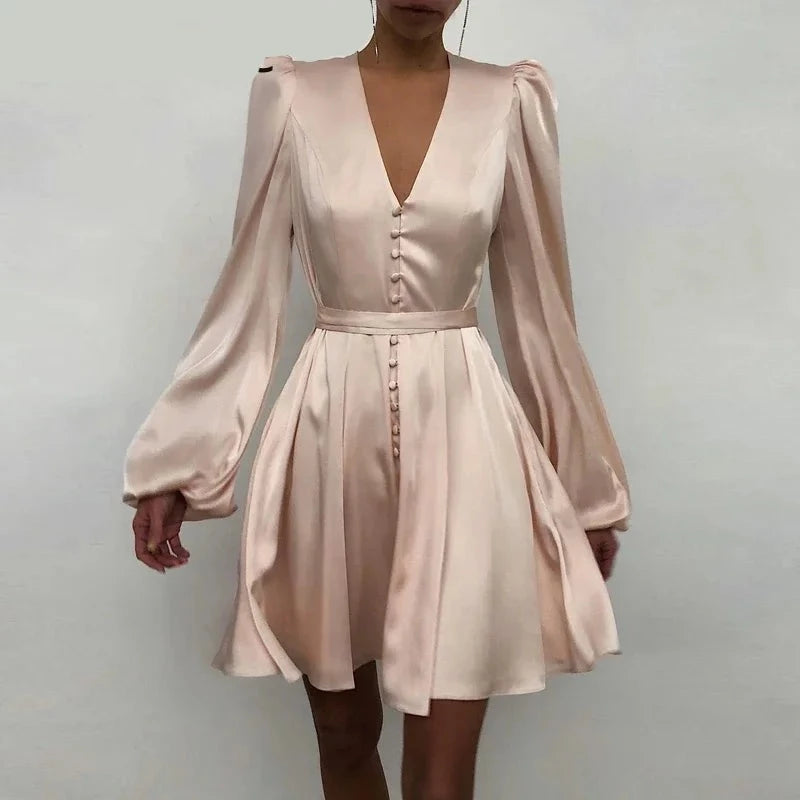 Plain Puff Sleeve  Front Button Dress - Divawearfashion