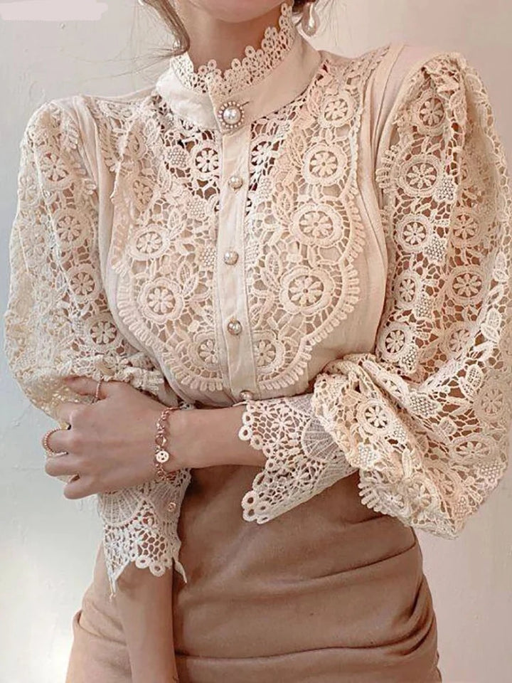 Chiffon Button Up Turtleneck Lace Shirt - Divawearfashion