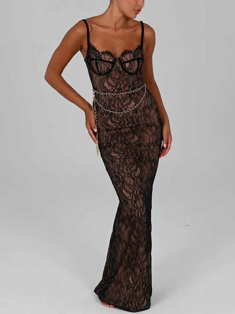 Elegant Backless Lace Print Maxi Bodycon Dress - Divawearfashion