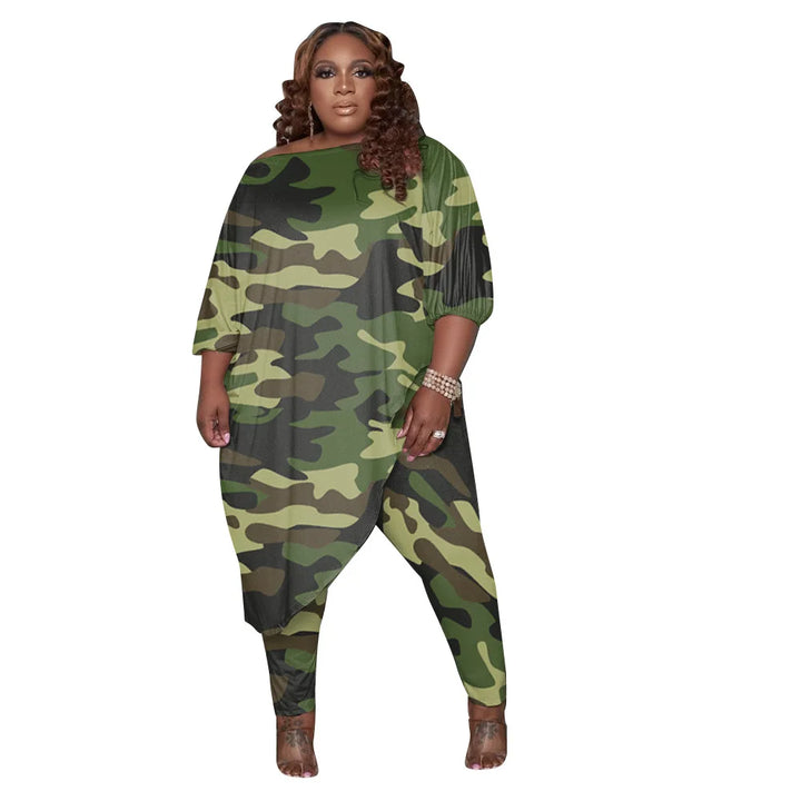 Plus Size Long Loose Camouflage Shirt & Pant Set - Divawearfashion