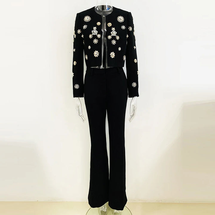 Pearls Diamonds Rhinestone Beaded Trimmed Jacket with Flare Slit Pants Suit - Divawearfashion