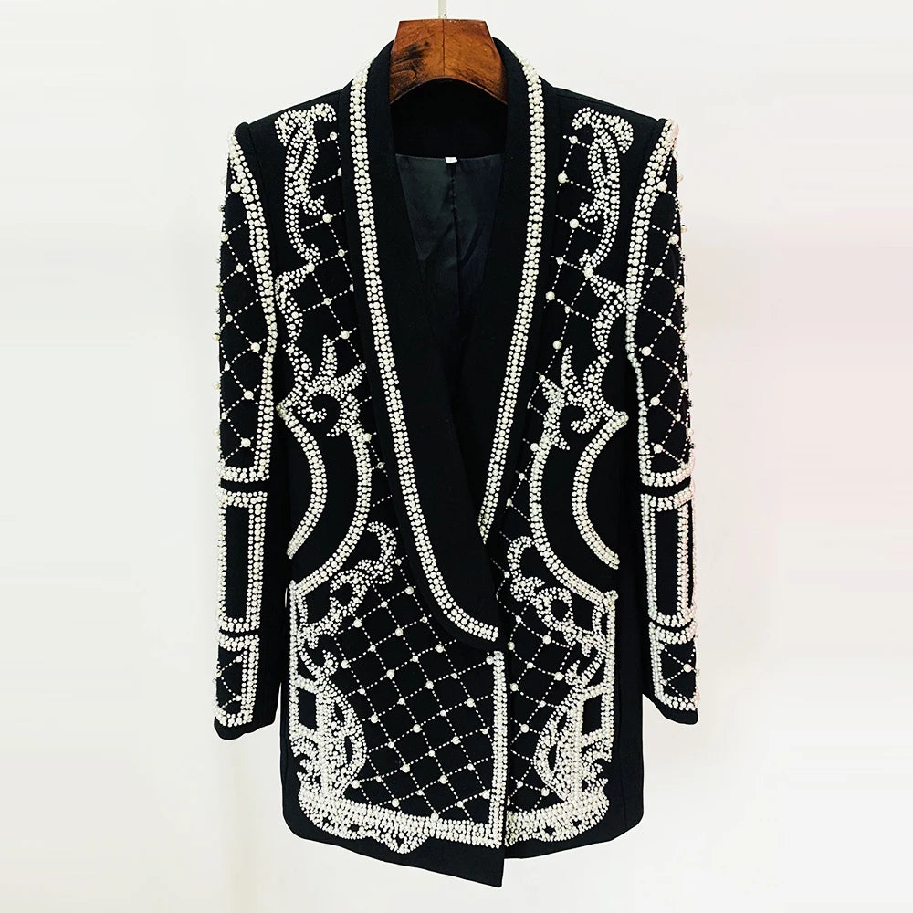 Shawl Collar Stunning Diamonds Pearls Beaded Blazer Dress - Divawearfashion